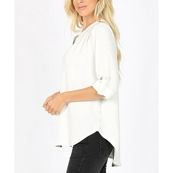 Lydiane Tops - NWT Lydiane Ivory Split-Neck Roll-Tab Hi-Low Top